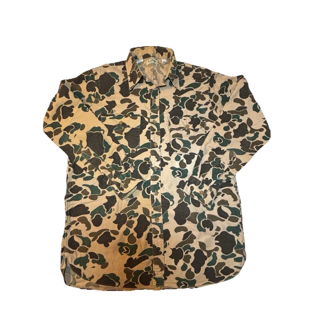 Vintage L.L Bean Duck Camo Button Up Sz 16.5 Long (LG) 100% Cotton Made In USA